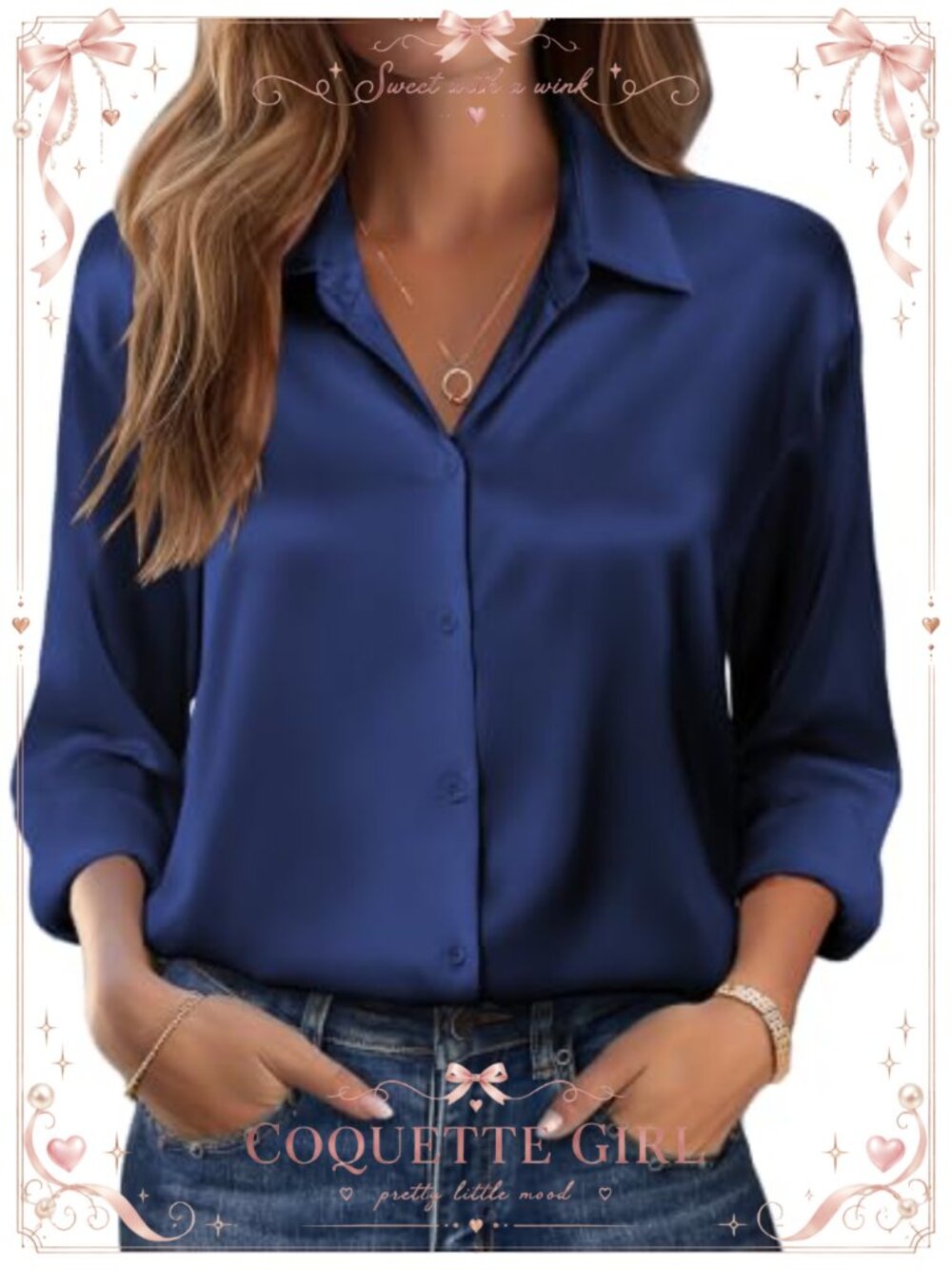 Satin Silk Button Down Blouse Long Sleeve V-Neck Office Tunic Top